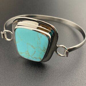 Vtg ATI Mexico Sterling Silver Turquoise Side Open Bangle Bracelet 7.75" - 2.4"